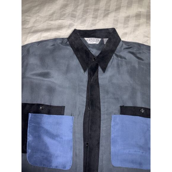 VINTAGE MENS GENELLI Blue Gray SILK SHIRT 100% Silk XL - Picture 5 of 9